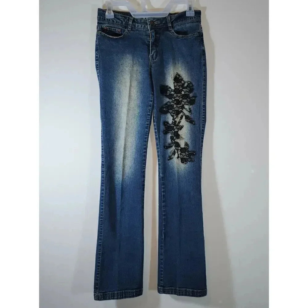 Vintage Joe Boxer Jeans‎ Size 5 Juniors Y2K Rust and Blue Denim Lace Studded